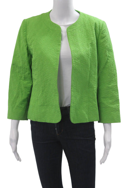 Louben Women Quilted Blazer Green 3/4 Sleeve Round Neck Cotton Blend Size S