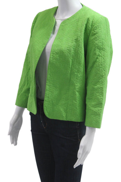 Louben Women Quilted Blazer Green 3/4 Sleeve Round Neck Cotton Blend Size S