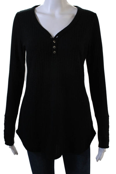 Chaser Womens Tunic V-Neck Button Up Black 100% Cotton Long Sleeve Size S