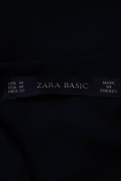 Zara Womens Basic Black Long Sleeve Round Neck Blouse Cotton Blend Size M