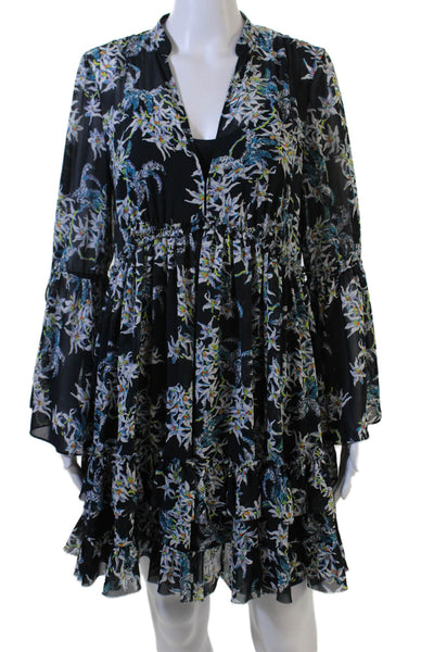 Cinq A Sept Womens Fit & Flare V Neck Floral Knee Long Sleeve Dress Size 4