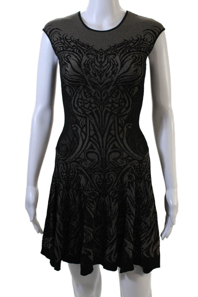 RVN Womens Fit & Flare Dress Black Short Sleeve Zip Geometric Crew Neck Size S