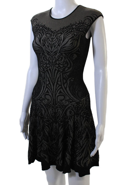 RVN Womens Fit & Flare Dress Black Short Sleeve Zip Geometric Crew Neck Size S