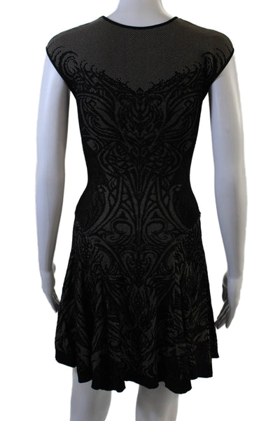 RVN Womens Fit & Flare Dress Black Short Sleeve Zip Geometric Crew Neck Size S