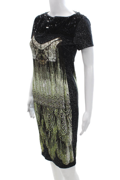 Cavalli Class Women Black Bodycon Sheath Mid-Calf Dress Short Sleeve Size 6