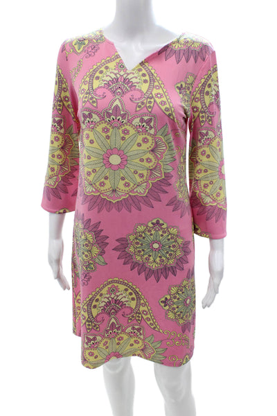 Julie Brown Women Pink Shift Dress 3/4 Sleeve Mid Calf Paisley Polyester Size M