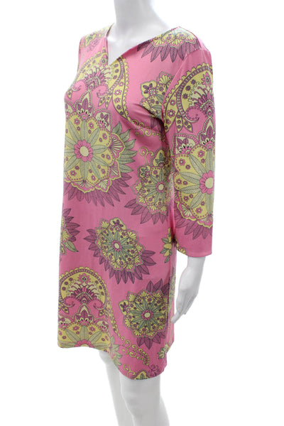 Julie Brown Women Pink Shift Dress 3/4 Sleeve Mid Calf Paisley Polyester Size M