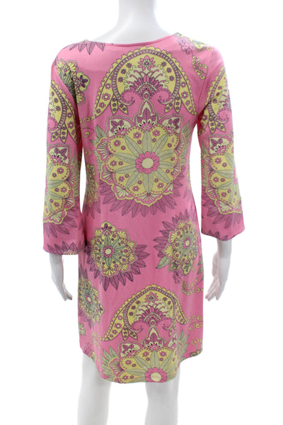 Julie Brown Women Pink Shift Dress 3/4 Sleeve Mid Calf Paisley Polyester Size M