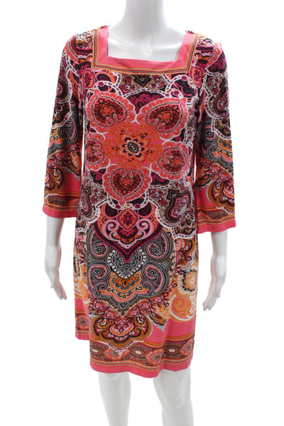 Sandra Darren Womens Black Paisley Shift Dress Square Neck 3/4 Sleeve Size 6