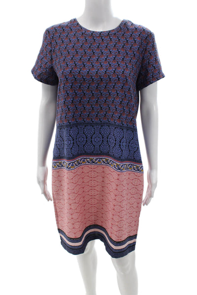Adrienne Vittadini Women Shift Dress Dark Blue Floral Short Sleeve Zip Size 8