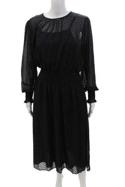 Tahari Women Blouson Dress Black Long Sleeve Round Neck Button Size 8