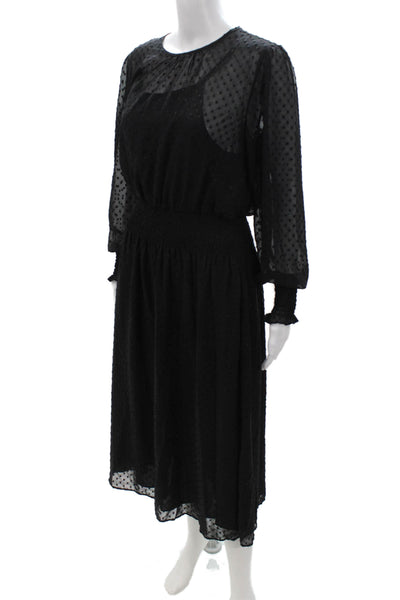 Tahari Women Blouson Dress Black Long Sleeve Round Neck Button Size 8