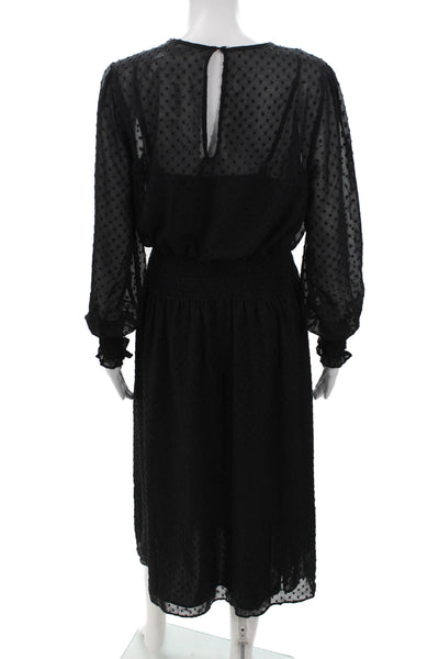 Tahari Women Blouson Dress Black Long Sleeve Round Neck Button Size 8