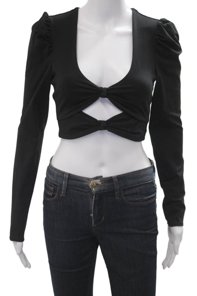 PatBO Women Cropped V Neck Black Long Sleeve Top Size S