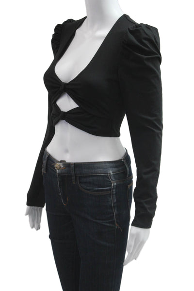 PatBO Women Cropped V Neck Black Long Sleeve Top Size S