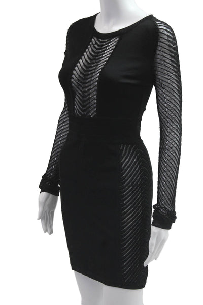Balmain Women Bodycon Mini Dress Black Herringbone Long Sleeve Zip Size 38