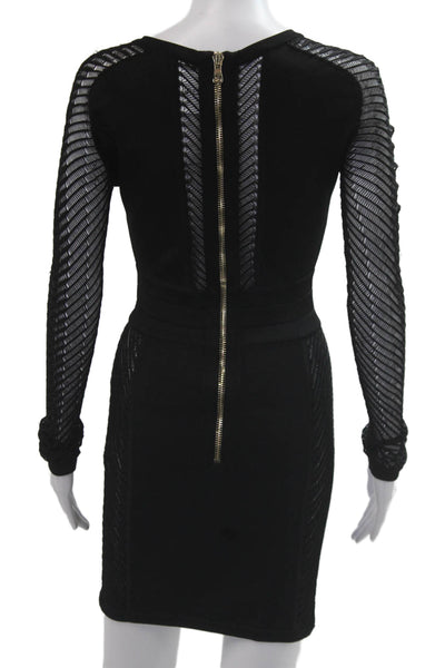 Balmain Women Bodycon Mini Dress Black Herringbone Long Sleeve Zip Size 38