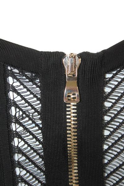 Balmain Women Bodycon Mini Dress Black Herringbone Long Sleeve Zip Size 38