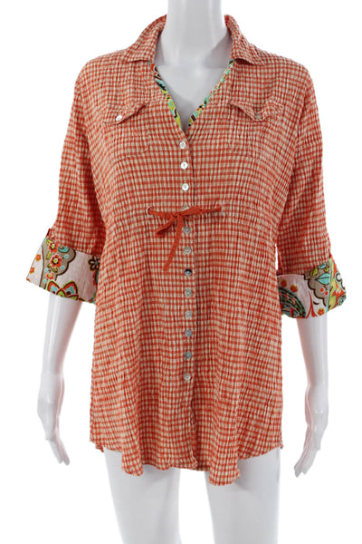 Spartina 449 Women Tunic Button-Up Check Collared 3/4 Sleeve Orange Size M