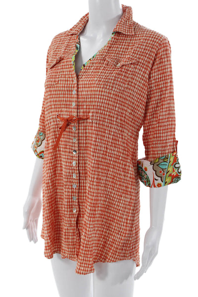 Spartina 449 Women Tunic Button-Up Check Collared 3/4 Sleeve Orange Size M