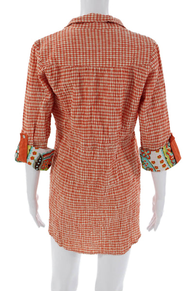 Spartina 449 Women Tunic Button-Up Check Collared 3/4 Sleeve Orange Size M