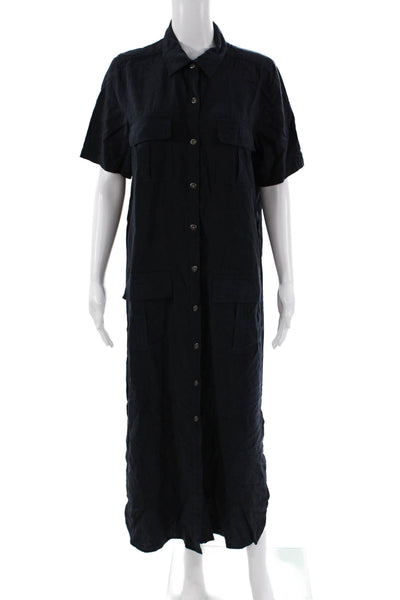 Sundance Women Shirt Dress Maxi Dark Blue Short Sleeve Lyocell Midcalf Size M