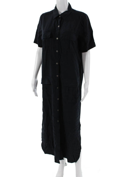 Sundance Women Shirt Dress Maxi Dark Blue Short Sleeve Lyocell Midcalf Size M