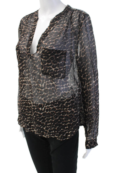 Joie Women Silk Animal Print V-Neck Tunic Blouse Black Long Sleeve Size S
