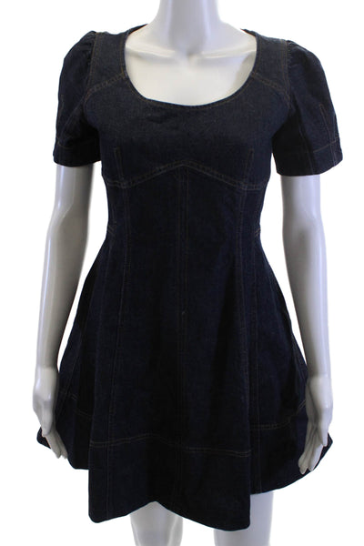 Tanya Taylor Women A-Line Mini Dress Dark Blue Round Neck Short Sleeve Size 2