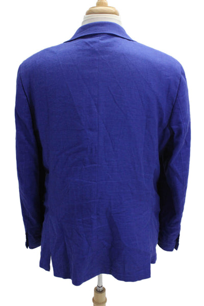 Alan Flusser Mens Blue Wool Blend Collared Button Blazer Longsleeve Size L