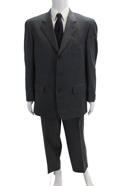 Turnbury Mens 2 Piece Dark Gray Striped Wool Suit Button Collared Size 42