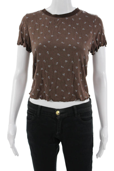 We Wore What Women Cropped T-Shirt Brown Floral Crew Neck Short Sleeve Size XL