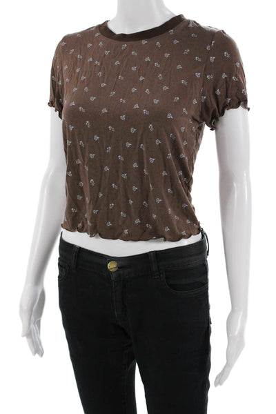 We Wore What Women Cropped T-Shirt Brown Floral Crew Neck Short Sleeve Size XL