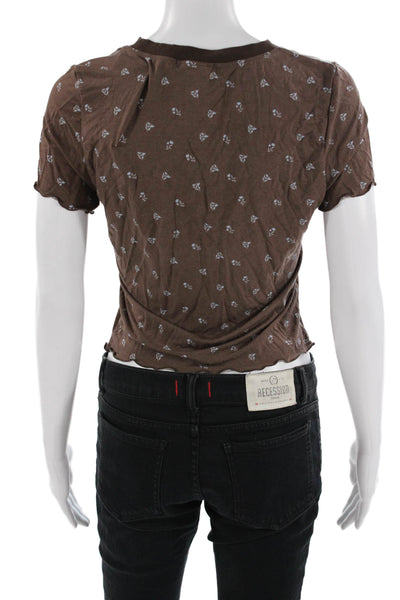 We Wore What Women Cropped T-Shirt Brown Floral Crew Neck Short Sleeve Size XL