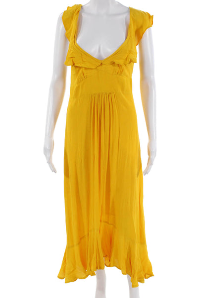 Anthropologie Women Maxi Sundress Yellow V-Neck Button Short Sleeve Size 4