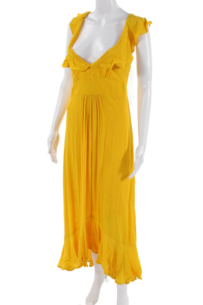 Anthropologie Women Maxi Sundress Yellow V-Neck Button Short Sleeve Size 4