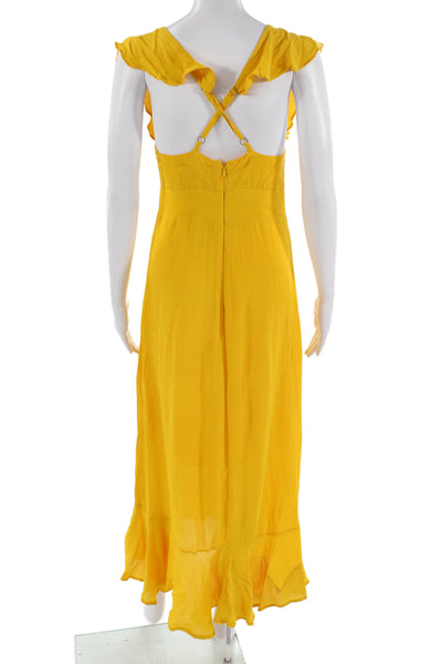 Anthropologie Women Maxi Sundress Yellow V-Neck Button Short Sleeve Size 4