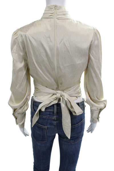Wayf Women Beige Herringbone High Neck Long Sleeve Blouse Size XS