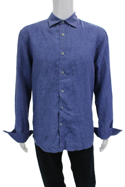 Les Canebiers Mens Linen Collared Long Sleeve Button Up Shirt Blue Size 3XL