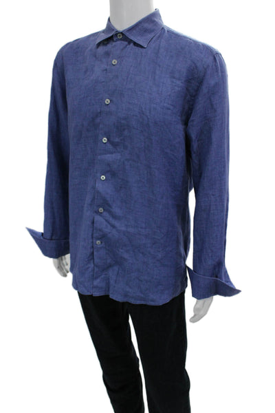 Les Canebiers Mens Linen Collared Long Sleeve Button Up Shirt Blue Size 3XL
