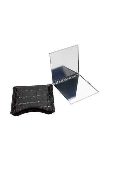 Tardini Womens Genuine American Alligator Compact Mirror Case Dark Brown