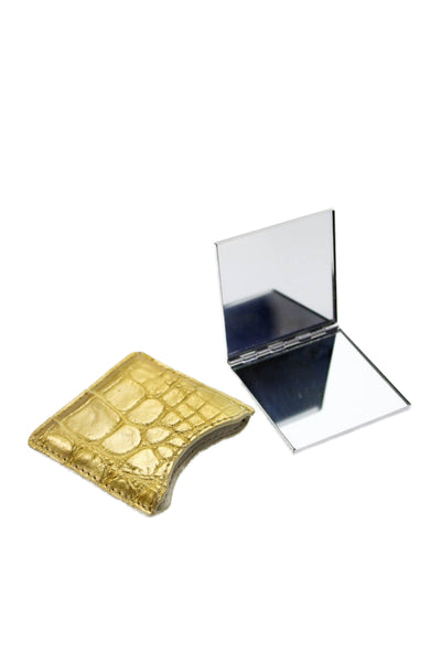 Tardini Womens Genuine American Alligator Compact Mirror Case Matte Gold