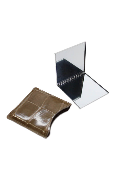 Tardini Womens Genuine American Alligator Compact Mirror Case Taupe Brown