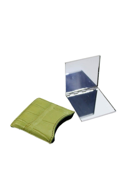 Tardini Womens Genuine American Alligator Compact Mirror Case Lime Green