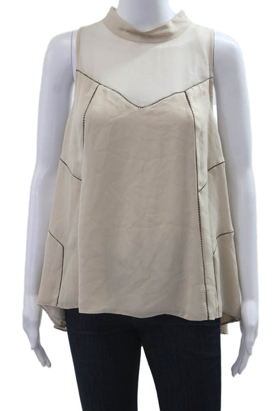 Haute Hippie Women Silk Mock Neck Sleeveless Blouse Beige Zip Bohemian Size XL