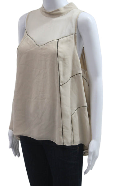 Haute Hippie Women Silk Mock Neck Sleeveless Blouse Beige Zip Bohemian Size XL