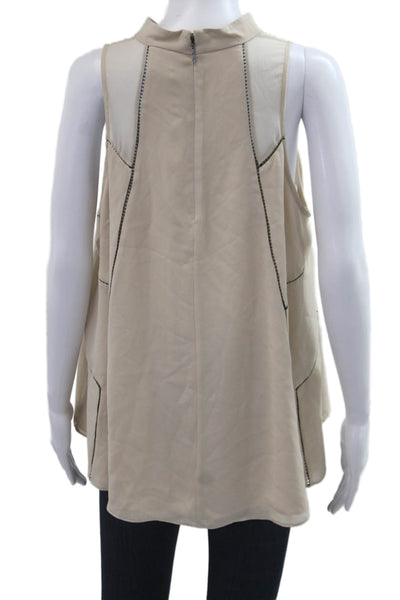 Haute Hippie Women Silk Mock Neck Sleeveless Blouse Beige Zip Bohemian Size XL
