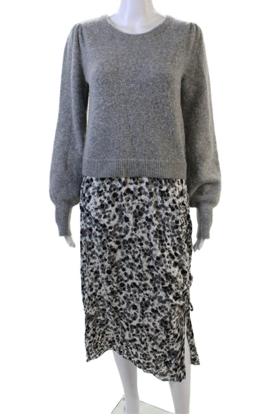 DH Womens Sweater Dress Gray Leopard Crew Neck Long Sleeve Mid Calf Size S