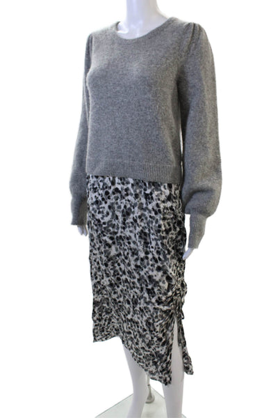 DH Womens Sweater Dress Gray Leopard Crew Neck Long Sleeve Mid Calf Size S