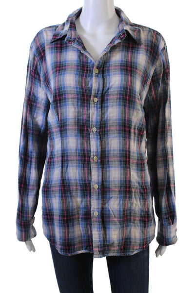 Shirt Womens Basic Button-Up Blue Plaid Cotton Collared Long Sleeve 90s Size L